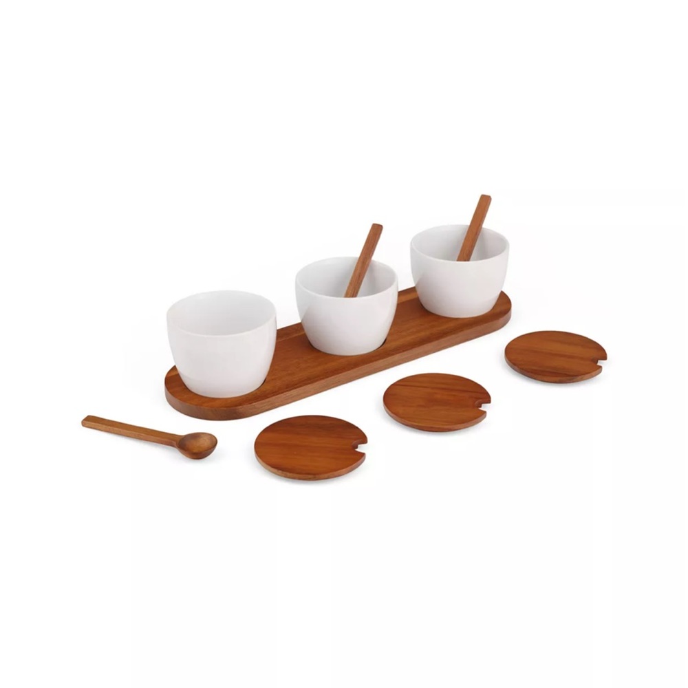 Nambe Acacia Wood Condiment Tray with 3 Porcelain Bowls, Acacia Lids and Spoons